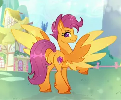 Size: 3973x3284 | Tagged: safe, artist:noctivage, derpibooru import, scootaloo, pegasus, pony, butt, ear fluff, feathered wings, featureless crotch, female, flank, hoof fluff, image, jpeg, large wings, long tail, mare, older, older scootaloo, orange coat, plot, ponyville, raised hoof, short hair, tail, wings