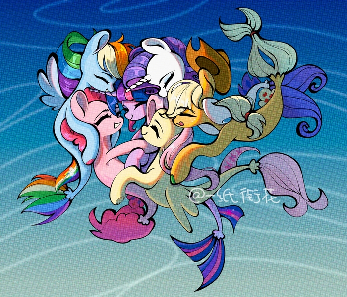 Size: 4096x3512 | Tagged: safe, artist:一纸衔花, derpibooru import, applejack, fluttershy, pinkie pie, rainbow dash, rarity, twilight sparkle, alicorn, earth pony, pegasus, pony, seapony (g4), unicorn, absurd resolution, applejack's hat, cowboy hat, crepuscular rays, cute, digital art, dorsal fin, eyelashes, eyes closed, eyeshadow, female, fin, fin wings, fins, flowing mane, flowing tail, freckles, g4, group hug, happy, hat, horn, hug, image, jpeg, looking at each other, looking at someone, makeup, mane six, mare, ocean, open mouth, open smile, scales, seaponified, seapony applejack, seapony fluttershy, seapony pinkie pie, seapony rainbow dash, seapony rarity, seapony twilight, signature, smiling, smiling at each other, species swap, sunlight, swimming, tail, underwater, water, wings