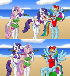 Size: 1280x1382 | Tagged: safe, artist:gameboysage, derpibooru import, rainbow dash, rarity, sweetie belle, anthro, pegasus, unguligrade anthro, unicorn, air nozzle, beach, beach ball, belle sisters, blowing up beach ball, blowing whistle, blushing, blushing profusely, breasts, busty rainbow dash, busty rarity, busty sweetie belle, clothes, context in description, cute, dashabetes, diasweetes, female, horn, image, jpeg, lesbian, lifeguard, lifeguard dash, lifeguard rarity, loonerdash, older, older sweetie belle, rainblow dash, rainbow dashs coaching whistle, raribetes, rarity's whistle, reasonably sized breasts, ship:raridash, shipping, siblings, sisters, sitting, swimsuit, trio, trio female, water wings, whistle, whistle necklace