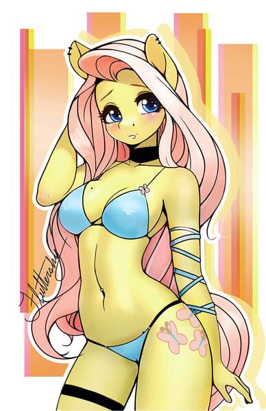 Size: 720x1114 | Tagged: questionable, artist:therocknrollmartian, derpibooru import, fluttershy, anthro, pegasus, absolute cleavage, abstract background, arm wraps, belly button, belly piercing, bikini, breasts, cameltoe, cleavage, clothes, erect nipples, female, garter, image, jpeg, looking at you, nipple outline, piercing, solo, solo female, swimsuit, wingless, wingless anthro