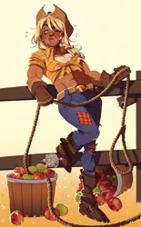 Size: 1936x3120 | Tagged: safe, artist:marshiroart, derpibooru import, applejack, human, apple, applejack's hat, basket, belt, boots, clothes, cowboy hat, denim, emanata, female, fence, food, freckles, front knot midriff, g4, gloves, grass, hairband, hat, image, jeans, jpeg, lasso, midriff, muscles, muscular female, pants, plewds, ripped pants, rope, shoes, solo, sweat, torn clothes, watermark