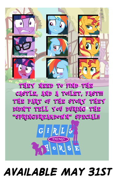 Size: 4400x7095 | Tagged: questionable, artist:succubi samus, derpibooru import, rainbow dash, sci-twi, sunset shimmer, twilight sparkle, pony, equestria girls, comic, coming soon, equestria girls specials, g4, image, implied farting, implied scat, implied urination, implied vaginal secretions, my little pony equestria girls: spring breakdown, paywall content, png, release date