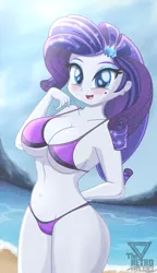 Size: 1670x2904 | Tagged: suggestive, artist:theretroart88, derpibooru import, rarity, human, equestria girls, anime style, beach, beauty mark, belly button, big breasts, bikini, blushing, breasts, clothes, g4, hand behind back, image, looking at you, mole, ocean, open mouth, open smile, png, smiling, sunlight, swimsuit, water