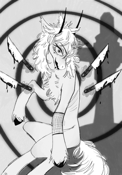 Size: 1668x2388 | Tagged: safe, artist:soudooku, derpibooru import, oc, unofficial characters only, demon, demon pony, original species, pony, unicorn, black and white, blood, commission, creepy, creepy smile, creepypasta, grave, graveyard, grayscale, horn, image, jpeg, knife, monochrome, piercing, smiling, solo