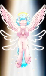Size: 1100x1798 | Tagged: safe, artist:ohnancy, derpibooru import, cozy glow, pegasus, pony, beam of light, eyes closed, female, filly, foal, halo, image, png, solo, spread wings, wings