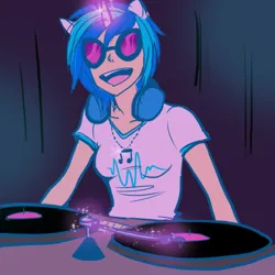 Size: 500x500 | Tagged: artist needed, safe, derpibooru import, vinyl scratch, human, unicorn, g4, glasses, glow, glowing horn, headphones, horn, humanized, image, magic, open mouth, png, record, turntable
