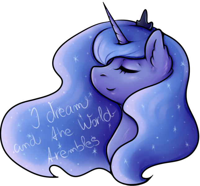 Size: 2025x1884 | Tagged: safe, artist:coco-drillo, derpibooru import, princess luna, alicorn, pony, ear fluff, eyes closed, flowing mane, image, night, night sky, png, quote, simple background, sky, solo, transparent background, warcraft, world of warcraft, ysera