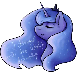 Size: 2025x1884 | Tagged: safe, artist:coco-drillo, derpibooru import, princess luna, alicorn, pony, ear fluff, eyes closed, flowing mane, image, night, night sky, png, quote, simple background, sky, solo, transparent background, warcraft, world of warcraft, ysera