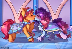 Size: 2950x2000 | Tagged: suggestive, artist:yuris, derpibooru import, sunny starscout, earth pony, pony, unicorn, g5, blushing, clothes, commission, ears up, horn, image, kissing, misty brightdawn, open mouth, png, scene interpretation