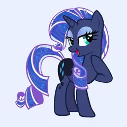 Size: 640x640 | Tagged: safe, alternate version, artist:cinnaminnow, derpibooru import, princess luna, rarity, pony, unicorn, eyeshadow, female, g4, hoof on neck, horn, image, jpeg, lidded eyes, makeup, open mouth, open smile, palette swap, recolor, simple background, smiling, solo, white background