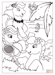 Size: 615x836 | Tagged: safe, derpibooru import, bird, earth pony, pony, seahorse, g2, animated, beach, coloring page, female, flower, flower in hair, flower on ear, gif, hoof hold, image, lei, lineart, mare, non-animated gif, ocean, open mouth, open smile, palm tree, smiling, tennis racket, tree, trio, unknown pony, water