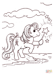 Size: 650x899 | Tagged: safe, derpibooru import, magic star, earth pony, pony, g1, animated, bipedal, bow, cloud, coloring page, female, gif, hoof hold, image, mare, non-animated gif, rearing, tail, tail bow, wand, water