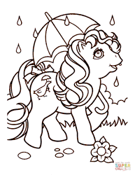 Size: 672x869 | Tagged: safe, derpibooru import, baby quackers, earth pony, pony, g1, animated, coloring page, female, filly, first tooth pony, flower, foal, gif, image, non-animated gif, open mouth, open smile, rain, smiling, solo, tooth, umbrella
