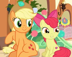 Size: 973x775 | Tagged: safe, derpibooru import, screencap, apple bloom, applejack, earth pony, pony, unicorn, hearthbreakers, adorabloom, apple sisters, cropped, cute, duo focus, female, g4, glow, glowing horn, hat, horn, image, jackabetes, magic, magic aura, png, reading, siblings, sisters, sitting, smiling