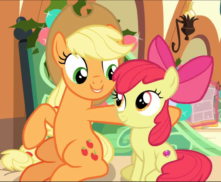 Size: 969x799 | Tagged: safe, derpibooru import, screencap, apple bloom, applejack, earth pony, pony, hearthbreakers, apple sisters, cropped, duo, female, g4, image, png, siblings, sisters, sitting, smiling, solo