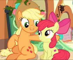Size: 969x799 | Tagged: safe, derpibooru import, screencap, apple bloom, applejack, earth pony, pony, hearthbreakers, apple sisters, cropped, duo, female, g4, image, png, siblings, sisters, sitting, smiling, solo