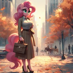 Size: 1024x1024 | Tagged: safe, ai content, derpibooru import, machine learning generated, pinkie pie, anthro, autumn, bag, big breasts, breasts, businessmare, busty pinkie pie, button-up shirt, city, clothes, cute, female, g4, handbag, high heels, image, jpeg, long skirt, office lady, pavement, prompter:horselover fat, shirt, shoes, skirt, smiling, standing, tree