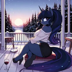 Size: 1024x1024 | Tagged: safe, ai content, derpibooru import, machine learning generated, princess luna, alicorn, anthro, adorasexy, alcohol, bare shoulders, big breasts, breasts, busty princess luna, clothes, crossed legs, cute, female, g4, glass, high heels, image, looking at you, looking back, looking back at you, pine tree, png, porch, prompter:horselover fat, sexy, shoes, short shirt, shorts, shoulderless, side view, sideboob, sitting, smiling, smiling at you, snow, snowfall, solo, sunset, tree, wine, wine glass, wingless, wingless alicorn, wingless anthro, winter
