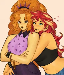 Size: 1980x2308 | Tagged: safe, artist:nire, derpibooru import, adagio dazzle, sunset shimmer, equestria girls, bare shoulders, bedroom eyes, blushing, bracelet, breasts, crossed arms, duo, duo female, ear piercing, earring, eye contact, eyeshadow, female, floating heart, freckles, g4, heart, hug, hug from behind, image, jewelry, jpeg, lesbian, lipstick, looking at each other, looking at someone, makeup, piercing, ship:sunsagio, shipping, sleeveless, small breasts, spiked headband, spiked wristband, sunsagio, tsundere, wristband
