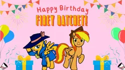Size: 956x536 | Tagged: safe, artist:noi kincade, derpibooru import, oc, oc:firey ratchet, oc:flare spark, unofficial characters only, pegasus, clothes, detective, fedora, female, g4, happy birthday, hat, image, jpeg, male, trenchcoat