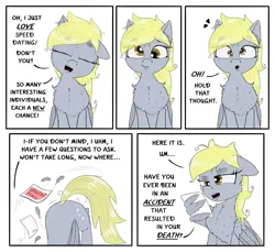 Size: 2500x2286 | Tagged: safe, artist:chopsticks, derpibooru import, derpy hooves, pegasus, pony, butt shake, cheek fluff, chest fluff, comic, cute, date, dating, derpabetes, derpy being derpy, dialogue, ear fluff, envelope, eyes closed, face down ass up, feather, female, g4, head tilt, image, looking at you, mail, mare, offscreen character, open mouth, png, reading, silly, silly pony, simple background, smiling, stray strand, talking to viewer, text, wing hold, wings