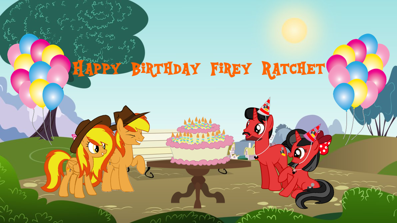 Size: 1191x670 | Tagged: safe, artist:mickey1909, derpibooru import, oc, oc:firey rachel, oc:firey ratchet, oc:mickey motion, oc:minnie motion, pegasus, unicorn, balloon, birthday cake, bow, cake, fedora, female, food, g4, hair bow, happy birthday, hat, horn, image, male, outdoors, party hat, png, table