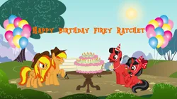 Size: 1191x670 | Tagged: safe, artist:mickey1909, derpibooru import, oc, oc:firey rachel, oc:firey ratchet, oc:mickey motion, oc:minnie motion, pegasus, unicorn, balloon, birthday cake, bow, cake, fedora, female, food, g4, hair bow, happy birthday, hat, horn, image, male, outdoors, party hat, png, table