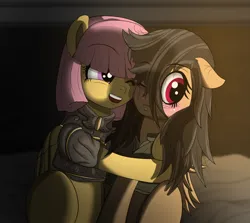 Size: 3960x3528 | Tagged: safe, artist:undisputed, derpibooru import, oc, unofficial characters only, pegasus, pony, armor, bed, bedsheets, blushing, duo, female, hug, image, long hair, mare, pegasus oc, png, smiling, wings