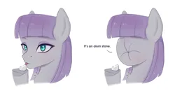 Size: 2384x1270 | Tagged: safe, artist:tanatos, derpibooru import, maud pie, earth pony, pony, 2 panel comic, bust, comic, female, food, image, lemon, png, portrait, pucker, puckered face, scrunchy face, silly, silly pony, simple background, sketch, solo, stone, tongue out, white background