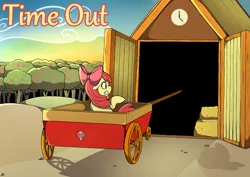 Size: 4092x2893 | Tagged: safe, artist:natt333, author:shakespearicles, derpibooru import, apple bloom, earth pony, pony, fanfic:time out, apple, apple cart, apple tree, barn, bow, bowtie, building, clock, closed mouth, clothes, cloud, cover art, cutie mark, dawn, door, doors, eyebrows, eyelashes, eyes open, fanfic art, fear, female, filly, foal, food, fruit, g4, gritted teeth, ground, hay, hay bale, high res, horrified, image, implied foalcon, implied incest, implied unbirthing, implied underage, logo, nostrils, number, open door, outdoors, png, rope, scared, shakespearicles, shield, signature, sky, solo, stars, sun, sunrise, sweet apple acres, teeth, terrified, text, title, tree, wagon, wall of tags, wheel