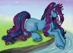 Size: 757x558 | Tagged: safe, artist:silvermoonbreeze, derpibooru import, princess silver rain, earth pony, pony, g2, 2012, female, grass, image, jewelry, jpeg, looking at you, lying down, mare, prone, river, solo, tiara, unshorn fetlocks, water