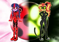 Size: 2084x1500 | Tagged: safe, artist:machakar52, derpibooru import, sci-twi, sunset shimmer, twilight sparkle, human, equestria girls, adrien agreste, alternate hairstyle, animal costume, bodysuit, boots, cat costume, cat ears, cat noir, cat tail, clothes, cosplay, costume, crossover, g4, hand on hip, image, jacket, ladybug (miraculous ladybug), ladybug costume, looking at each other, looking at someone, marinette dupain-cheng, mask, miraculous ladybug, open mouth, open smile, pigtails, png, ponytail, shoes, smiling, tail