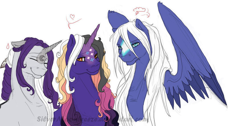 Size: 900x497 | Tagged: safe, artist:silvermoonbreeze, derpibooru import, oc, oc:moonbreeze, oc:soleste, oc:starlight (silvermoonbreeze), unofficial characters only, pegasus, pony, unicorn, 2014, coat markings, eyes closed, facial markings, female, floppy ears, grin, horn, image, jpeg, looking at you, male, mare, nervous, nervous grin, nose cutie mark, partially open wings, pegasus oc, simple background, smiling, stallion, star (coat marking), sweat, sweatdrop, unamused, unicorn oc, white background, wings