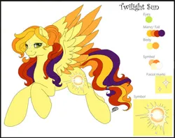 Size: 600x474 | Tagged: safe, artist:silvermoonbreeze, derpibooru import, oc, oc:twilight sun, unofficial characters only, pegasus, pony, coat markings, color palette, colored wings, colored wingtips, facial markings, female, flying, image, jpeg, looking at you, mare, reference sheet, simple background, solo, spread wings, star (coat marking), white background, wings