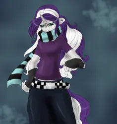 Size: 507x537 | Tagged: safe, artist:silvermoonbreeze, derpibooru import, oc, oc:moonbreeze, unofficial characters only, anthro, pony, unicorn, 2010, 30 minute art challenge, belt, blue background, clothes, facial markings, female, fingerless gloves, gloves, hand on hip, horn, image, jpeg, mare, scarf, shirt, simple background, solo, striped scarf, t-shirt