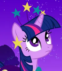 Size: 640x740 | Tagged: safe, derpibooru import, screencap, twilight sparkle, pony, unicorn, season 1, suited for success, cropped, ear piercing, earring, female, frown, g4, headband, horn, image, jewelry, looking up, mare, night, piercing, png, solo, unicorn twilight