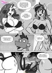 Size: 1200x1697 | Tagged: suggestive, artist:pia-sama, derpibooru import, rainbow dash, rarity, spike, anthro, dragon, pegasus, plantigrade anthro, pony, unicorn, comic:lustful diamond, comic:showgirls, adult, adult spike, ass, big breasts, bra, breasts, busty rainbow dash, busty rarity, butt, clothes, collar, dialogue, female, horn, image, implied pet play, mare, monochrome, older, older spike, panties, png, smiling, speech bubble, underwear