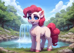 Size: 2048x1472 | Tagged: safe, ai content, derpibooru import, machine learning generated, prompter:raif, stable diffusion, pinkie pie, earth pony, pony, blue eyes, blushing, chest fluff, ear fluff, eyelashes, g4, generator:easyfluff v11.2, hooves, image, jpeg, looking at you, nature, outdoors, smiling, smiling at you, solo, standing, watermark