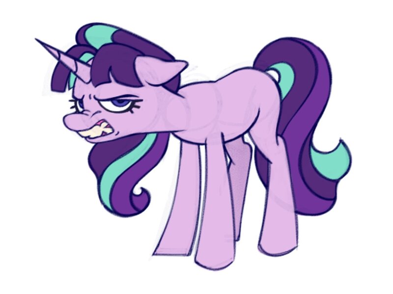 Size: 1337x1001 | Tagged: safe, artist:partyponypower, derpibooru import, starlight glimmer, pony, unicorn, angry, colored sketch, eyelashes, female, floppy ears, frown, g4, gritted teeth, gums, horn, image, jpeg, leaning forward, mare, missing cutie mark, narrowed eyes, no catchlights, pink coat, ponytail, purple eyes, s5 starlight, scowl, simple background, sketch, solo, standing, starlight glimmer is not amused, tail, teeth, tied mane, two toned mane, two toned tail, unamused, unicorn horn, white background