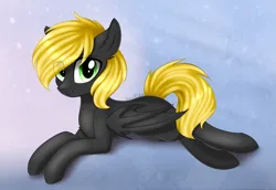 Size: 2269x1561 | Tagged: safe, artist:queenofsilvers, derpibooru import, oc, oc:zafareon, unofficial characters only, bat pony, pony, bat pony oc, bat wings, chest fluff, commission, ear fluff, eye clipping through hair, eyebrows, eyebrows visible through hair, female, folded wings, image, looking at you, lying down, mare, png, prone, signature, smiling, smiling at you, solo, tail, wings