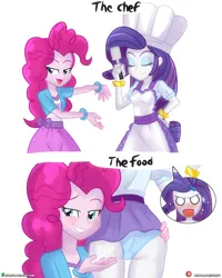 Size: 3277x4096 | Tagged: suggestive, artist:dieart77, derpibooru import, pinkie pie, rarity, human, equestria girls, 2 panel comic, :3, apron, blushing, chef's hat, clothes, comic, duo, english, eyes closed, female, g4, hat, image, jpeg, looking at you, meme, open mouth, open smile, panties, panty shot, skirt, smiling, spatula, surprised, text, underwear