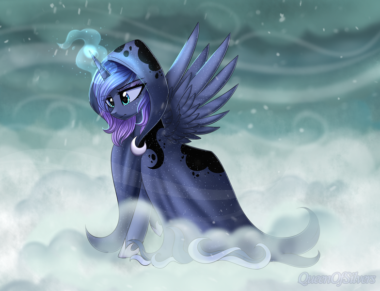 Size: 2222x1700 | Tagged: safe, artist:queenofsilvers, derpibooru import, princess luna, spirit of hearth's warming yet to come, alicorn, pony, a hearth's warming tail, blizzard, cloak, clothes, eye clipping through hair, eyebrows, eyebrows visible through hair, female, g4, glow, glowing horn, hoof shoes, hooves, horn, image, magic, magic aura, mare, outdoors, png, princess shoes, signature, snow, snowfall, solo, spread wings, wind, wings