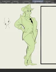 Size: 1088x1396 | Tagged: safe, artist:bixels, derpibooru import, applejack, human, clothes, fedora, female, green background, hand on hip, hat, humanized, image, monochrome, necktie, png, simple background, smiling, solo, suit, the grand galloping 20s, wip