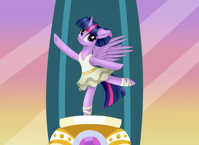 Size: 2324x1700 | Tagged: safe, artist:queenofsilvers, derpibooru import, twilight sparkle, twilight sparkle (alicorn), alicorn, pony, a royal problem, ballerina, clothes, cute, ear fluff, female, g4, horn, image, mare, png, scene interpretation, signature, smiling, solo, spread wings, tail, tutu, twiabetes, twilarina, wings