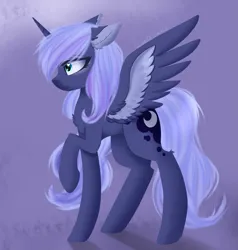 Size: 1405x1477 | Tagged: safe, artist:queenofsilvers, derpibooru import, princess luna, alicorn, pony, chest fluff, ear fluff, female, g4, heart, heart eyes, horn, image, leg fluff, mare, png, profile, raised hoof, s1 luna, side view, signature, solo, spread wings, style emulation, tail, wingding eyes, wings