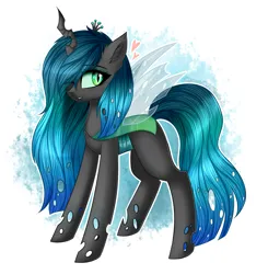 Size: 1665x1700 | Tagged: safe, artist:queenofsilvers, derpibooru import, queen chrysalis, changeling, changeling queen, cute, cutealis, ear fluff, eye clipping through hair, eyebrows, eyebrows visible through hair, female, g4, hair over one eye, heart, horn, image, looking at you, one eye closed, png, signature, slit pupils, smiling, smiling at you, solo, tail, wings