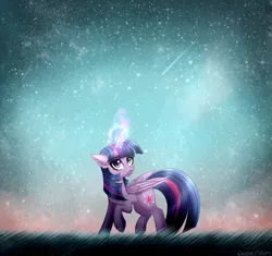 Size: 1805x1700 | Tagged: safe, artist:queenofsilvers, derpibooru import, twilight sparkle, twilight sparkle (alicorn), alicorn, pony, comet, ear fluff, eye clipping through hair, eyebrows, eyebrows visible through hair, female, folded wings, g4, glow, glowing horn, grass, heart, heart eyes, horn, image, looking up, magic, magic aura, mare, night, night sky, outdoors, png, raised hoof, raised leg, signature, sky, solo, standing on two hooves, stars, tail, wingding eyes, wings