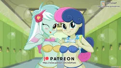 Size: 1066x600 | Tagged: suggestive, artist:jakepixels, derpibooru import, bon bon, lyra heartstrings, sweetie drops, human, equestria girls, belly, belly button, blushing, bra, breasts, busty bon bon, busty lyra heartstrings, clothes, duo, duo female, e-cup bra, female, g4, gumroad, gumroad logo, image, lockers, one eye closed, panties, patreon, patreon logo, png, ribcage, slender, stupid sexy bon bon, stupid sexy lyra, thin, tongue out, underwear, wink