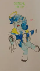 Size: 2592x4608 | Tagged: safe, derpibooru import, oc, oc:radiant windstar, unofficial characters only, alicorn, angel pony, original species, angel, clothes, critical hit, halo, heartbreak, image, jpeg, scarf, spread wings, three toned wings, traditional art, wings