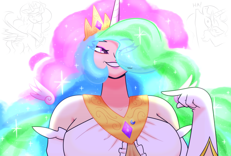 Size: 9000x6075 | Tagged: safe, artist:iceflower99, derpibooru import, princess celestia, human, chuckle, cutie mark, horn, horned humanization, humanized, image, png, text, video at source, video in description